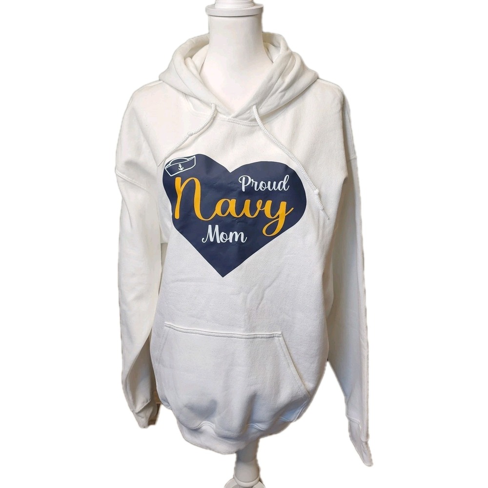 Proud Navy Mom Hoodie Sweatshirt Womens Large White Gildan Pouch‎ Military Pride